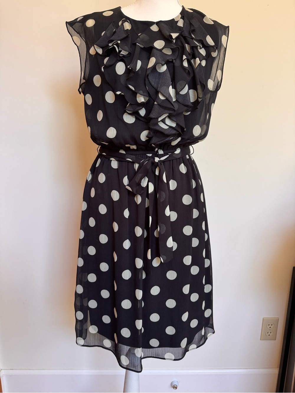 Soho Apparel Black Dress with White Polka Dots and Ruffle Front